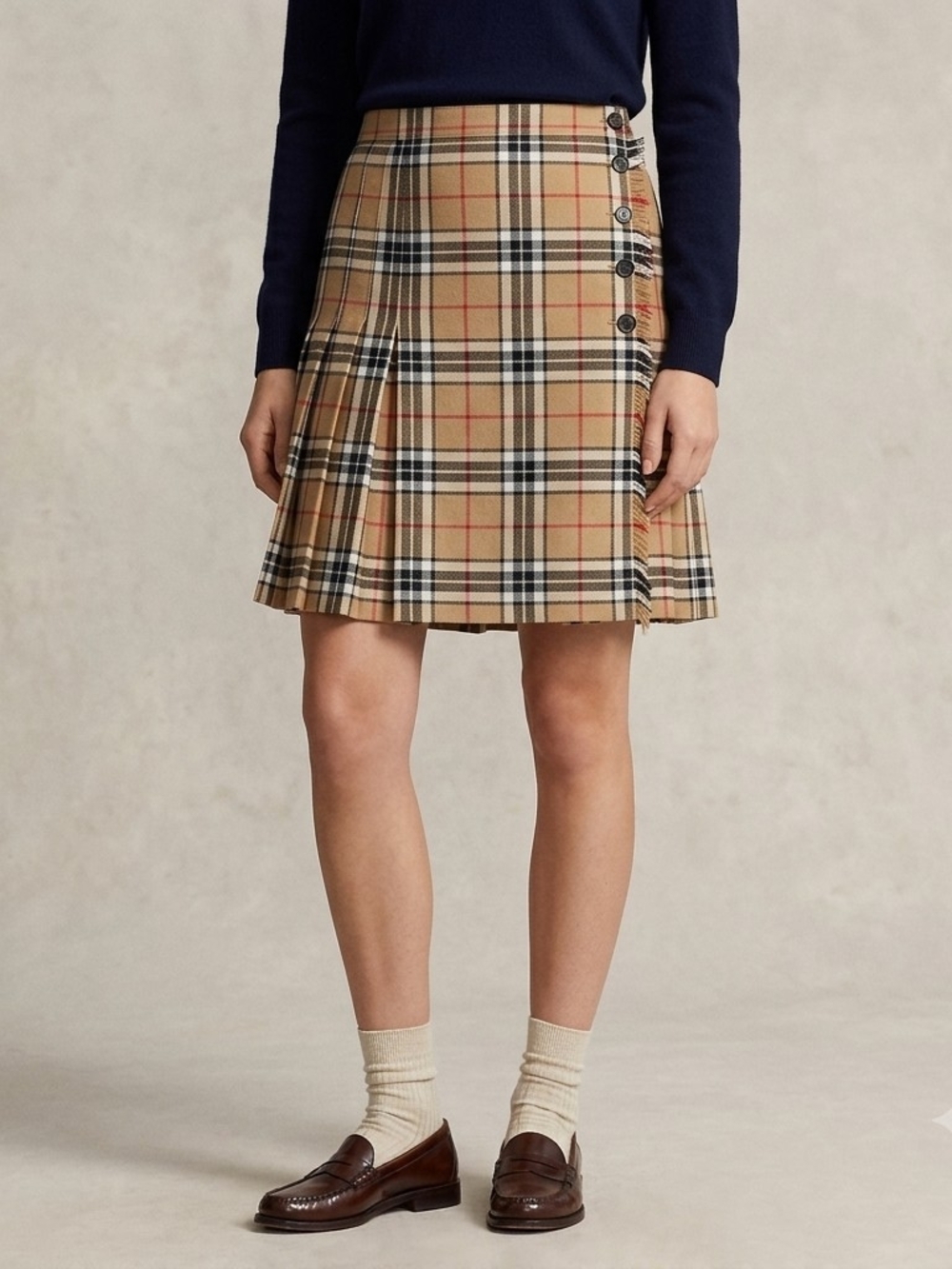 Bianca Nygard Plaid Pleated Wool Blend Mini Skirt in Beige with Side Buttons